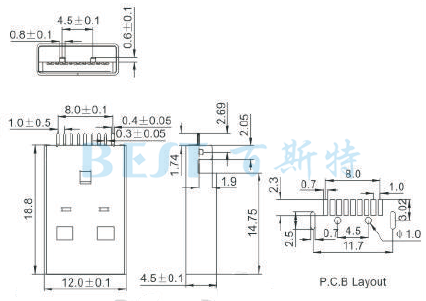 USB插座USB-A-02 3.0參考圖紙 USB插座USB-A-02 3.0參考圖紙